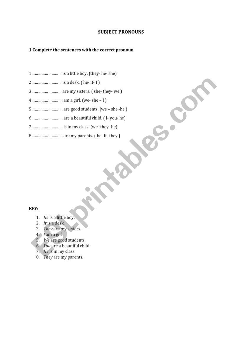 Subject pronouns worksheet