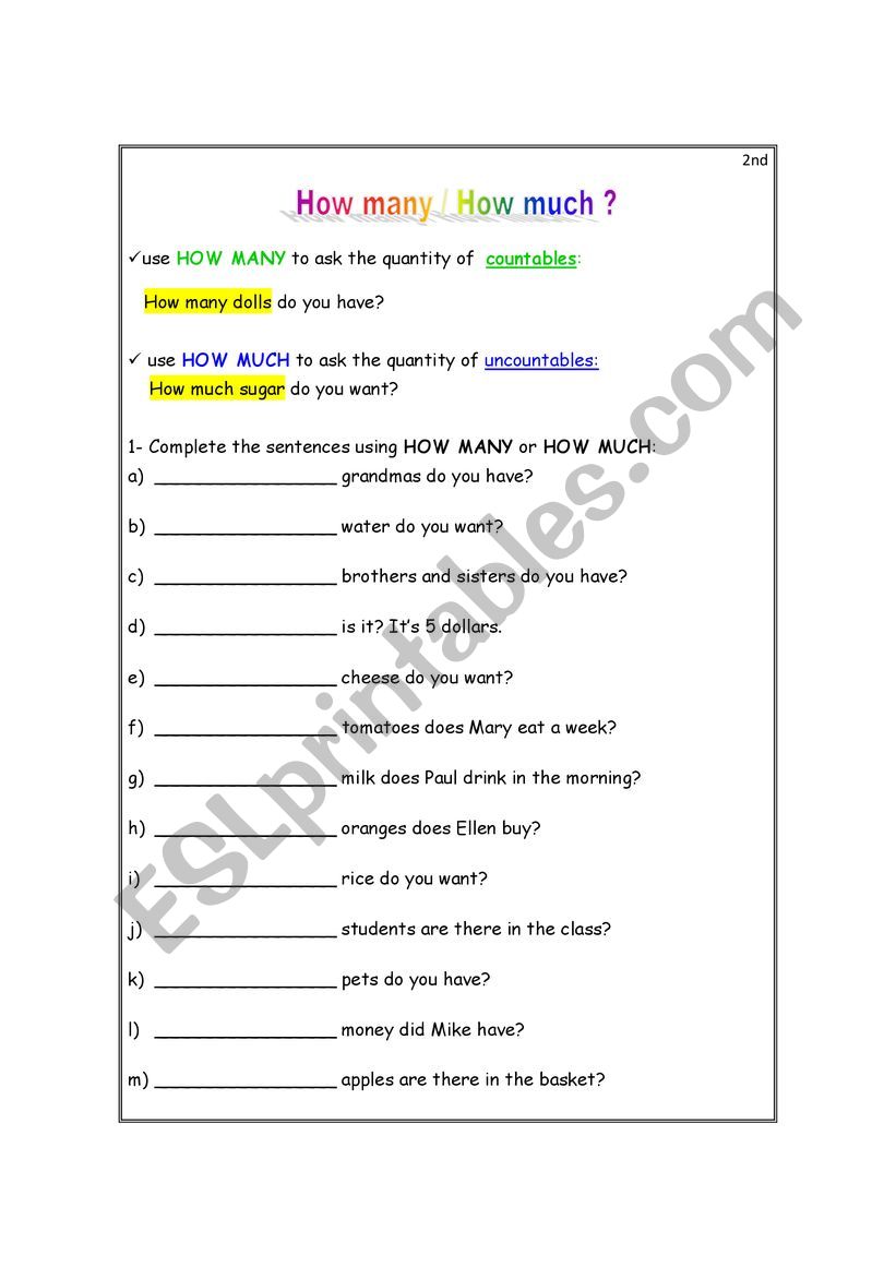 How many or How much ? worksheet
