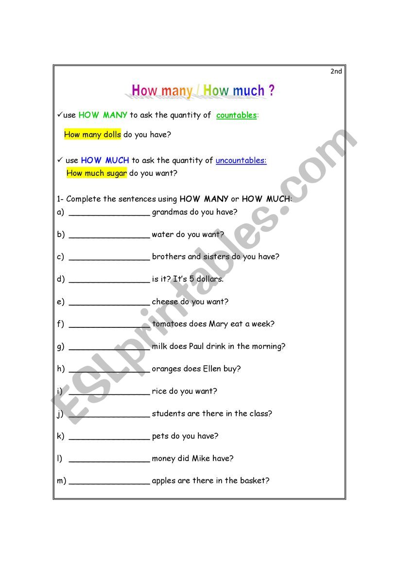 How many or How much ? worksheet