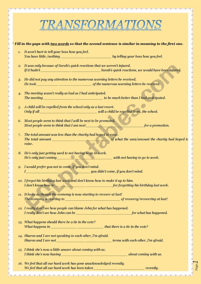 TRANSFORMATIONS worksheet