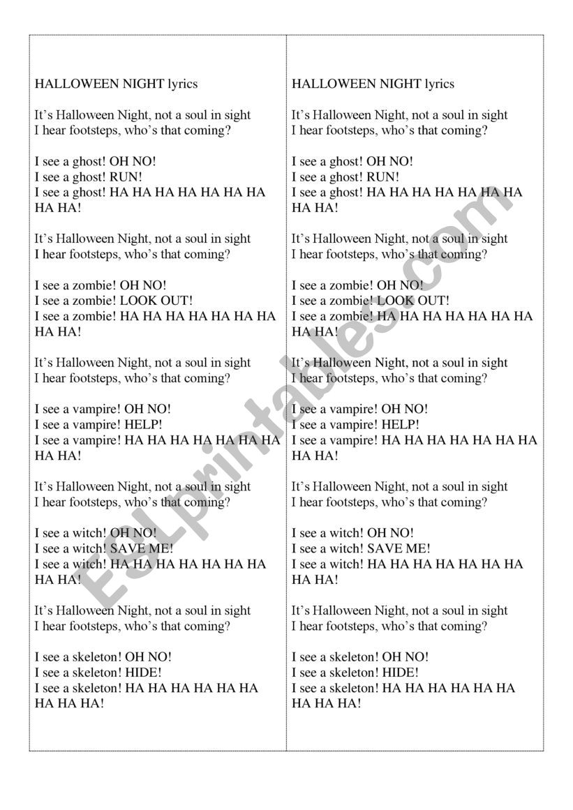 Its Halloween Night (song) worksheet