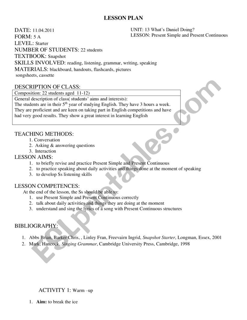 Lesson Plan-Present Simple/Continuous