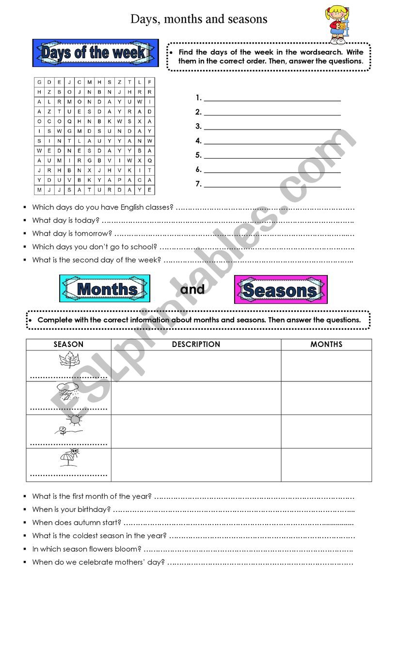 days, months and seasons worksheet