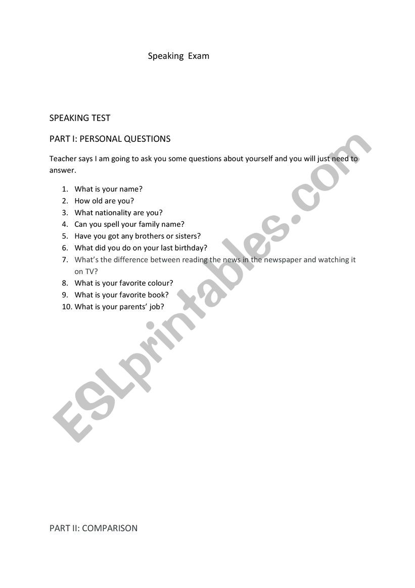 SPEAKING EXAM worksheet