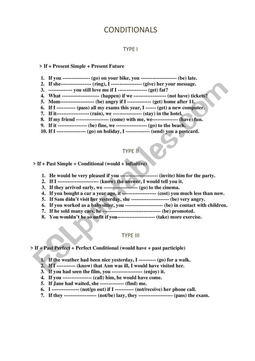 EXERCISES ON CONDITIONAL TYPE I,II AND III