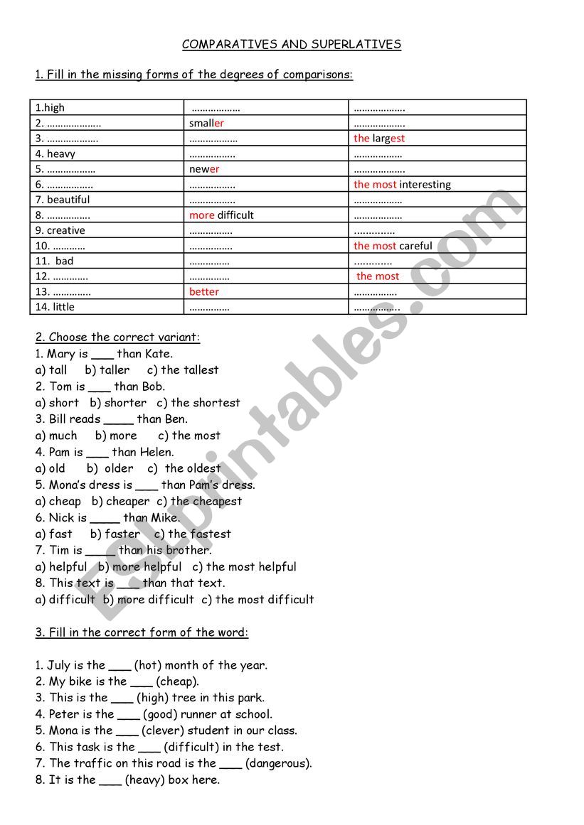 Degree of adjectives worksheet