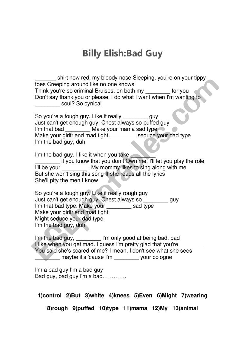 Billy Elish:Bad Guy Song worksheet