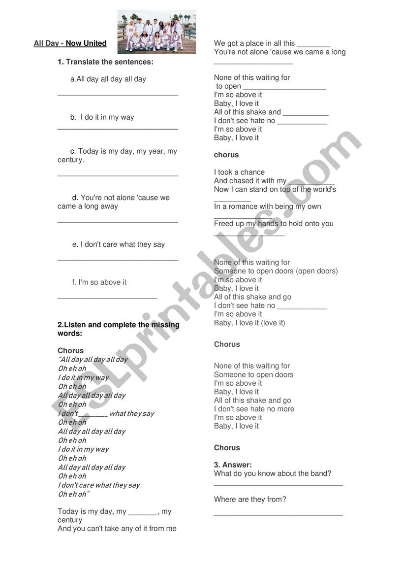 All day - Now united worksheet