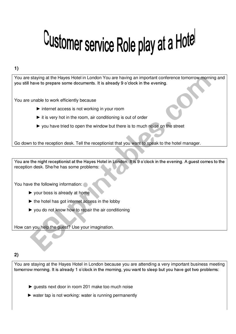16 hotel role plays worksheet