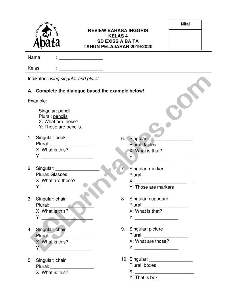 singular plural review worksheet