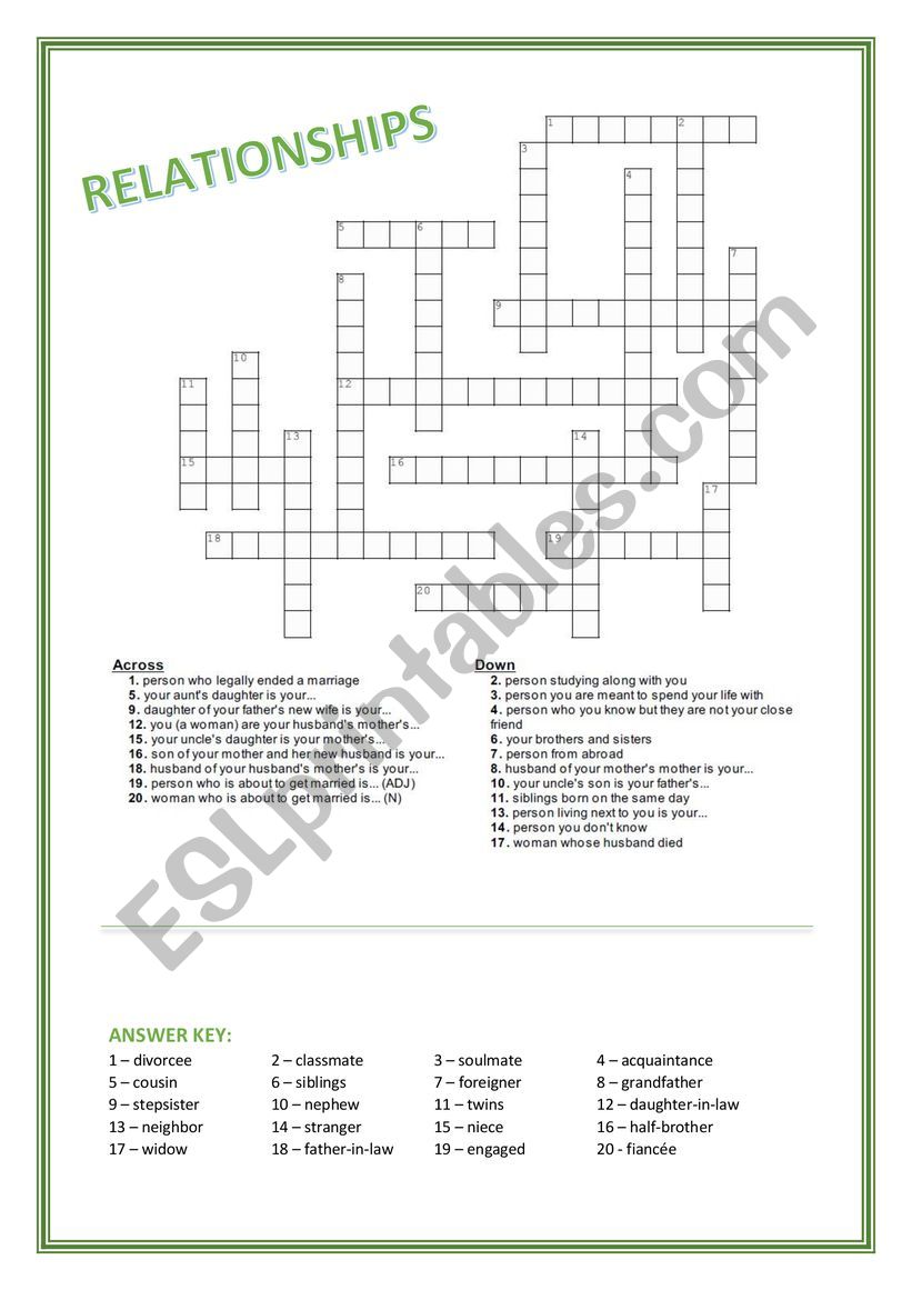 RELATIONSHIPS crossword worksheet