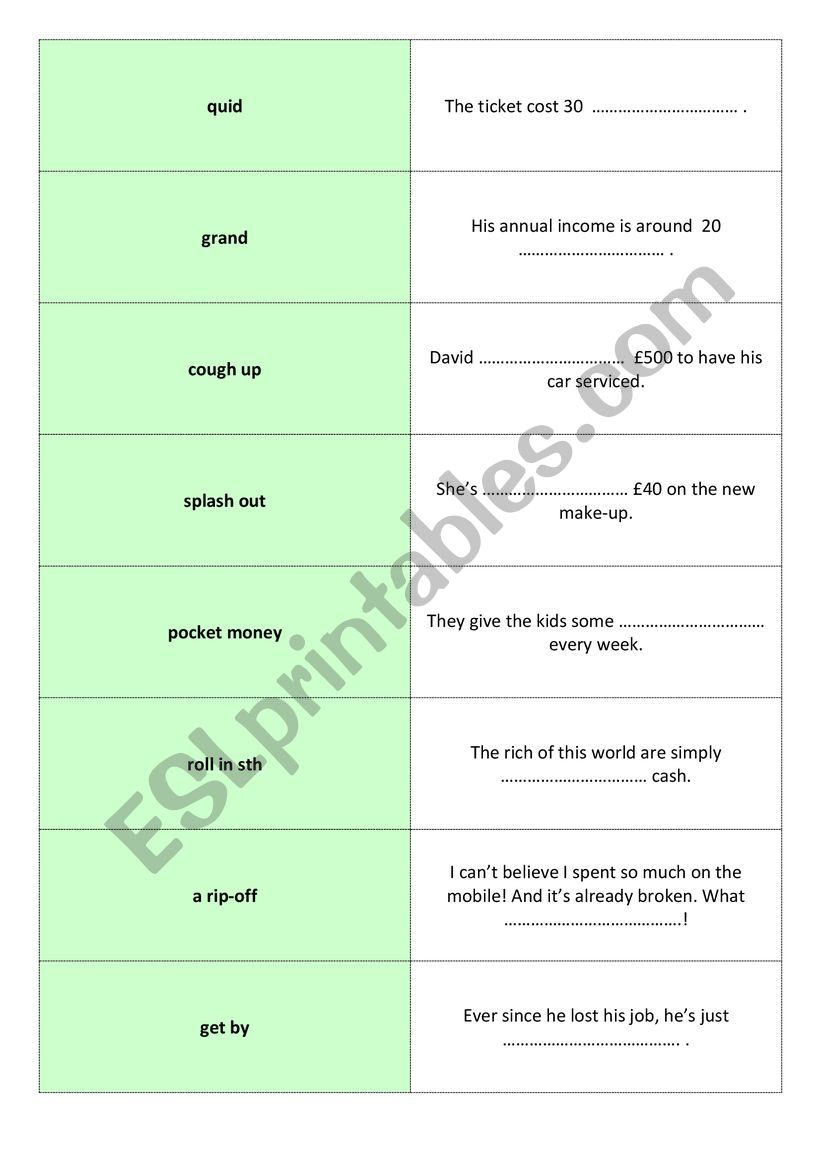 Money - vocabulary activities worksheet