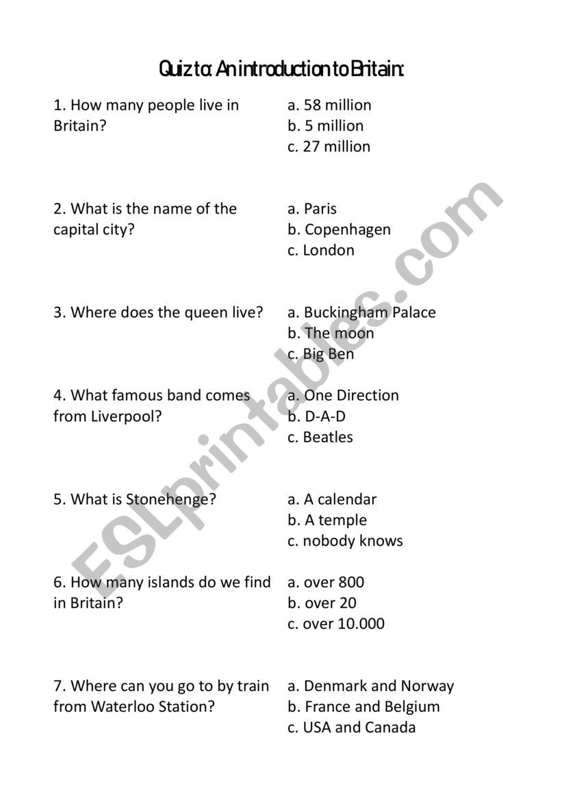 Introduction to Britain - quiz