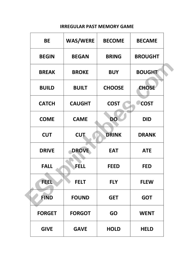 Irregular past memory game worksheet