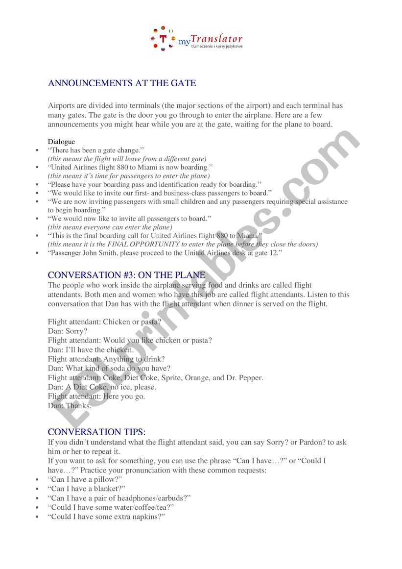 At the airport worksheet