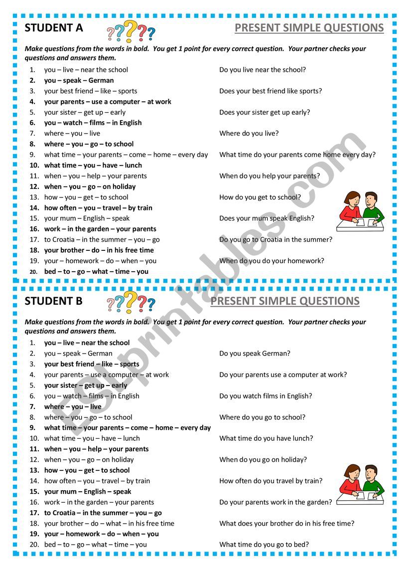 Present Simple Questions - pair-work speaking