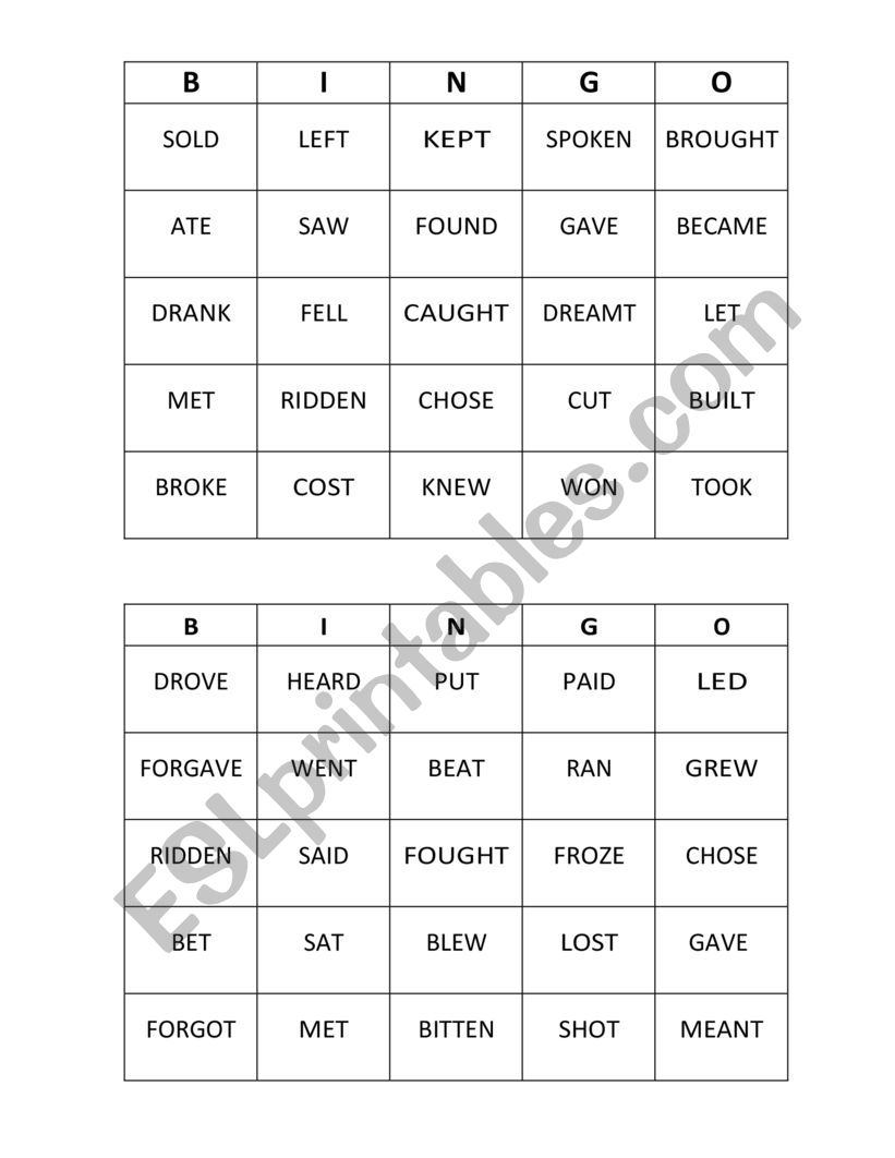 IRREGULAR VERBS BINGO worksheet