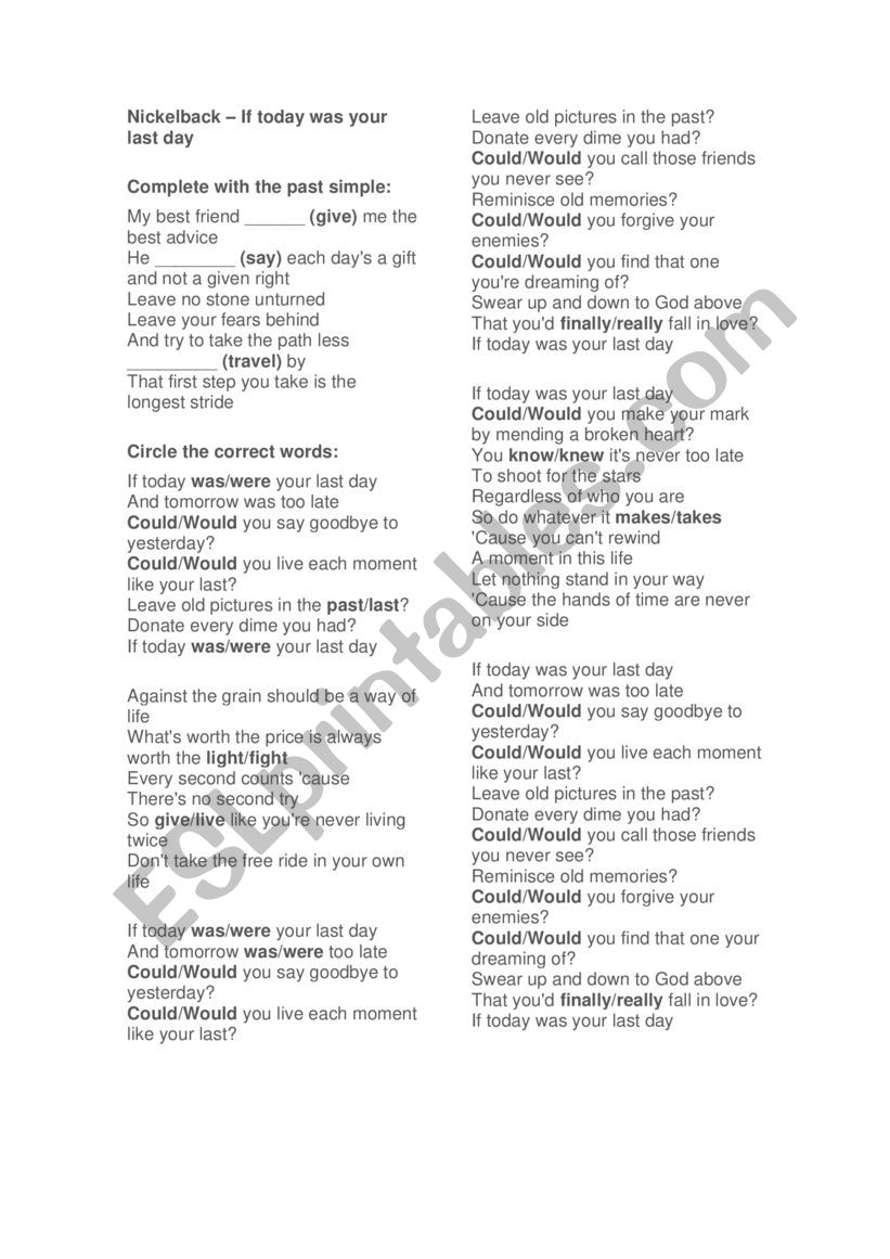 Song activity Nickelback worksheet