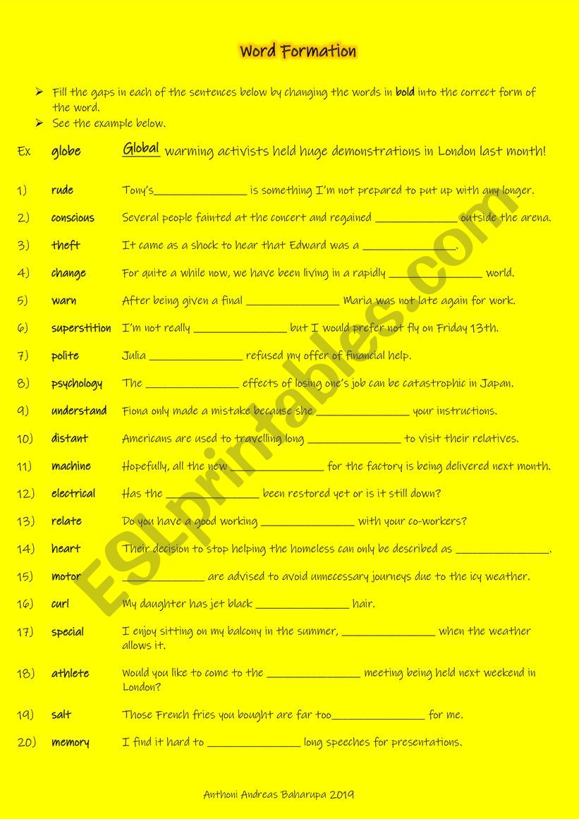 Word Formation Activity (1) for students studying IELTS Band 4.5 - 5 or FCE 