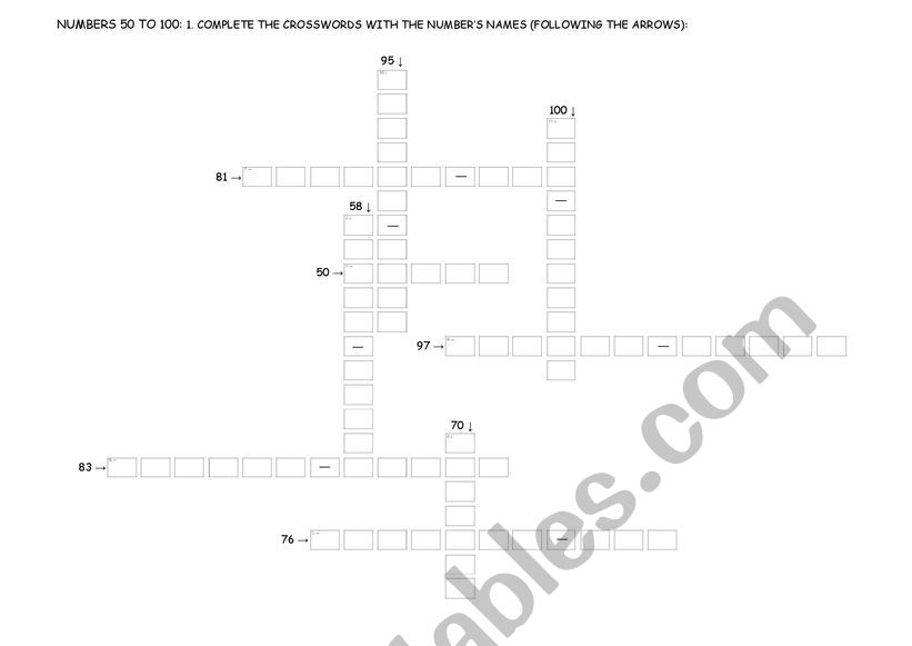 Number 50 to 100 worksheet