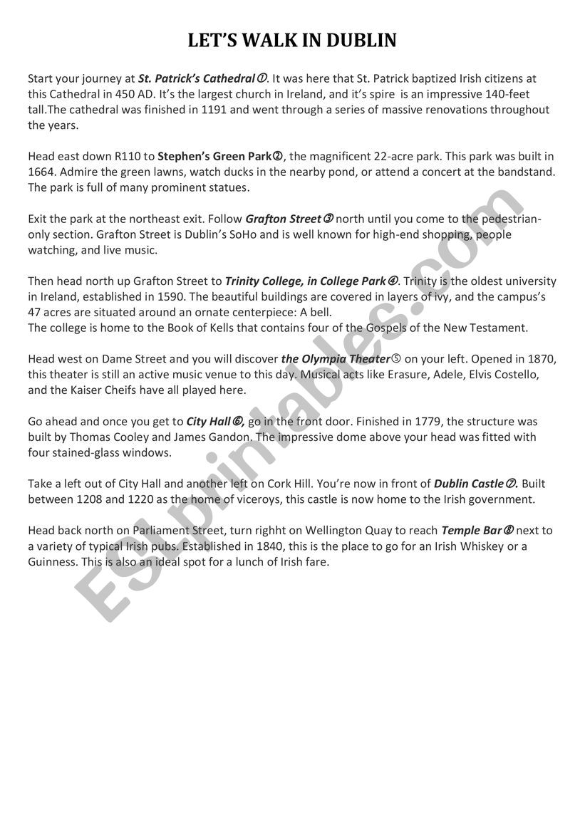 LETÂ´S WALK IN DUBLIN IRELAND worksheet