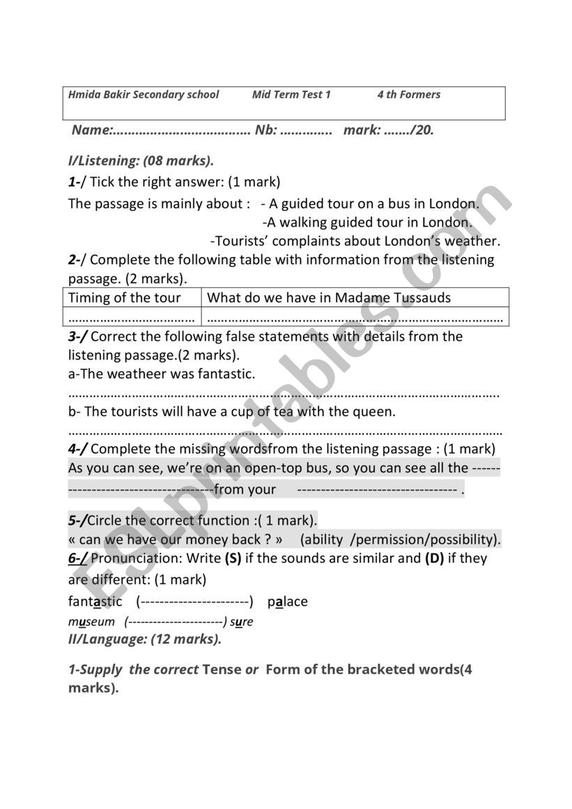  4 th Form mid term test 1  worksheet