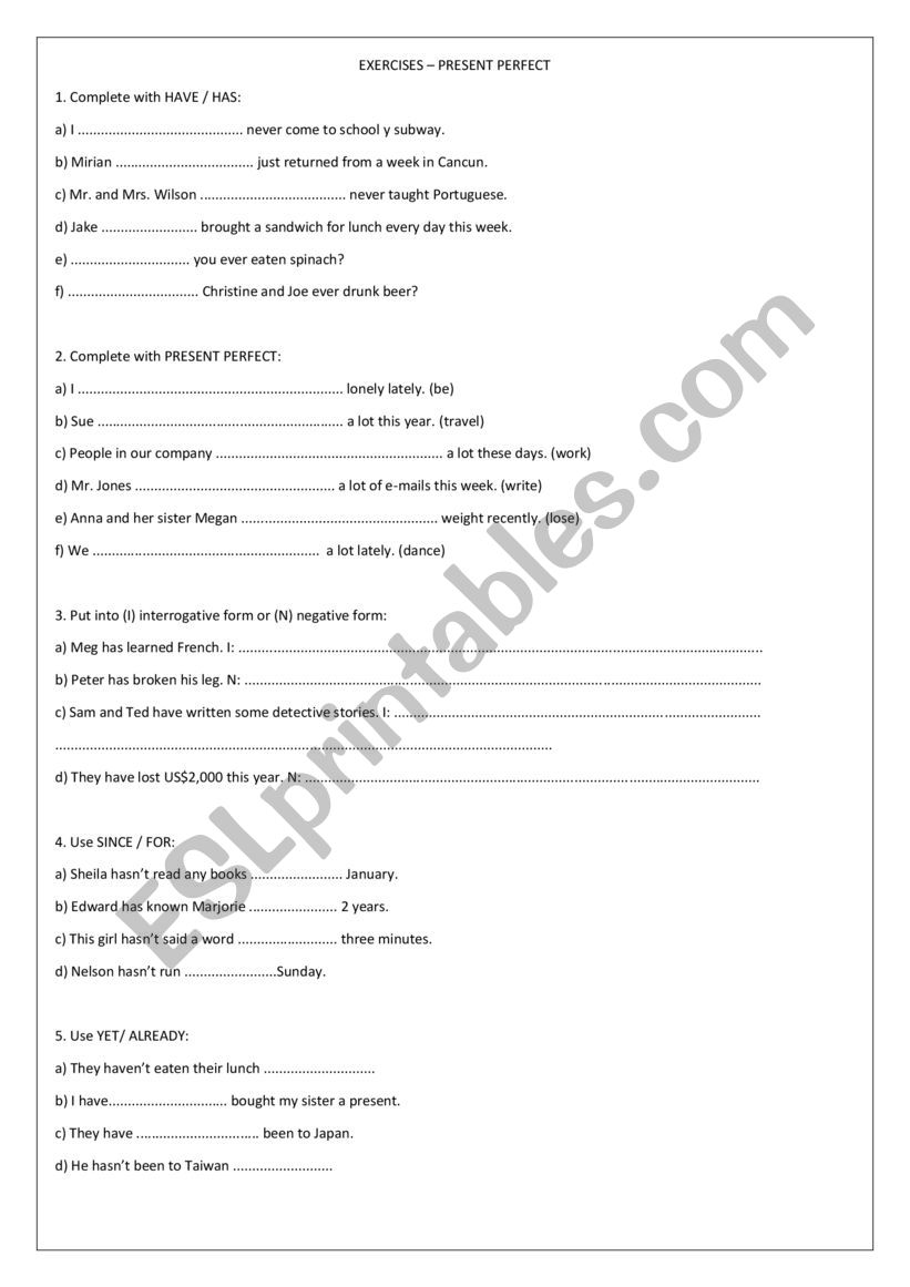 Exercises Present Perfect worksheet