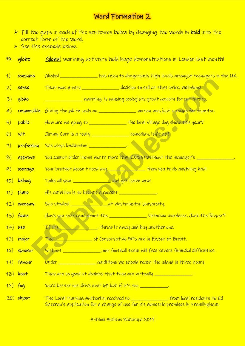Word Formation Activity (2) for students studying IELTS Band 4.5 - 5 or FCE