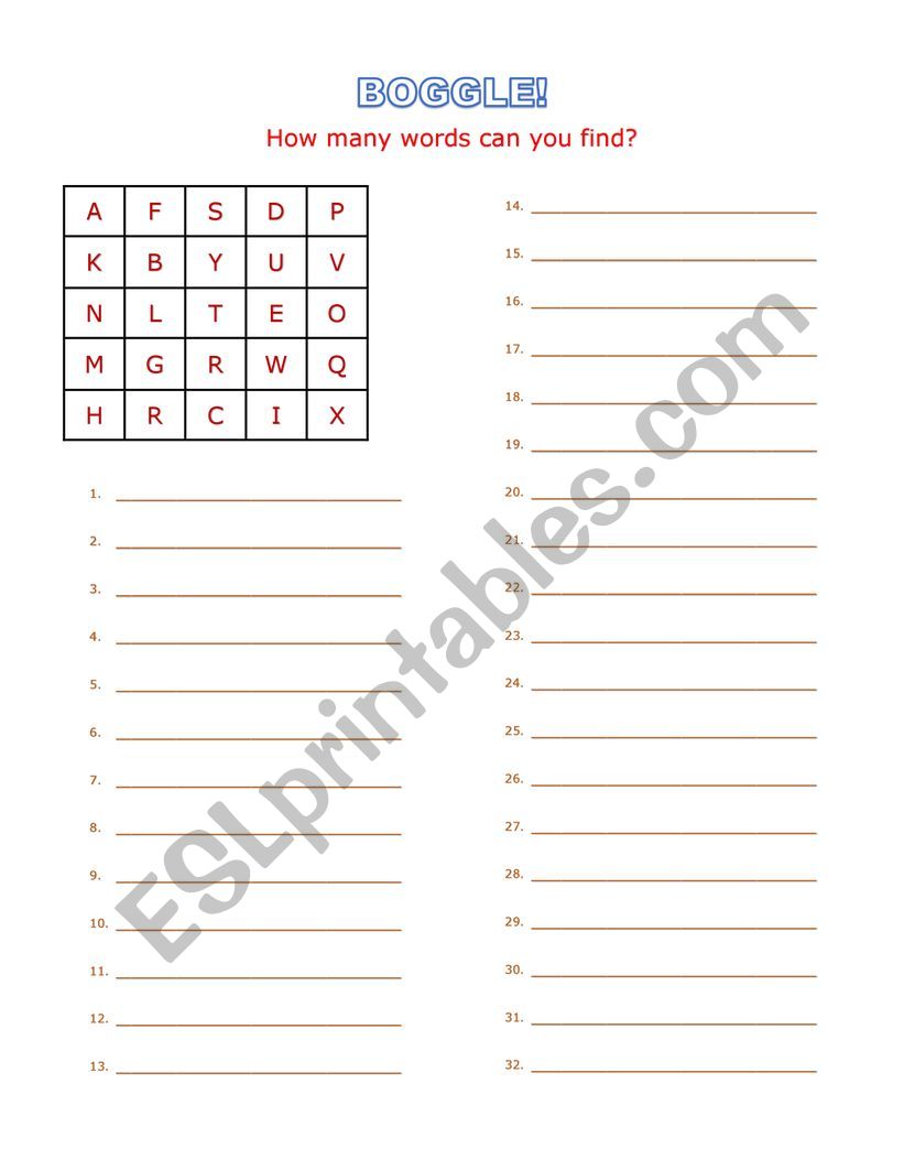 BOGGLE! Spelling exercise worksheet. Fun