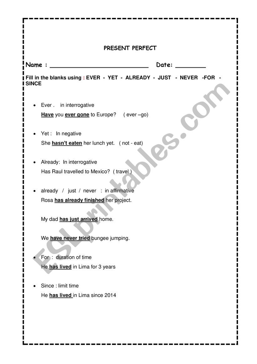 PRESENT PERFECT worksheet