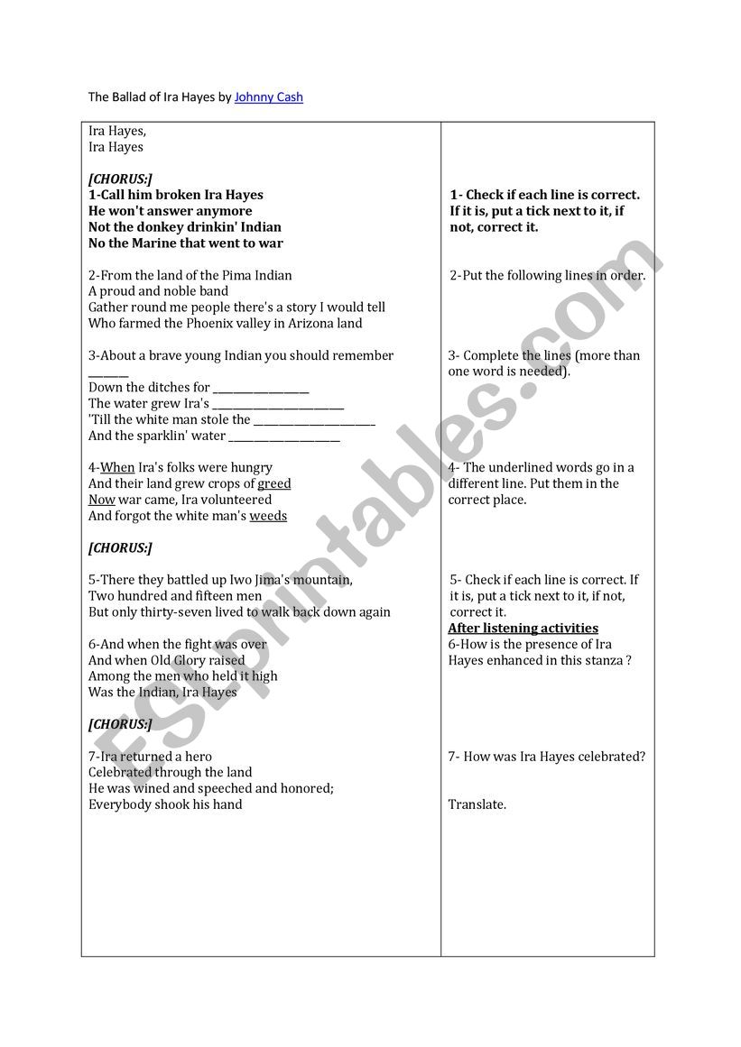 the Ballad of Johnny Cash worksheet