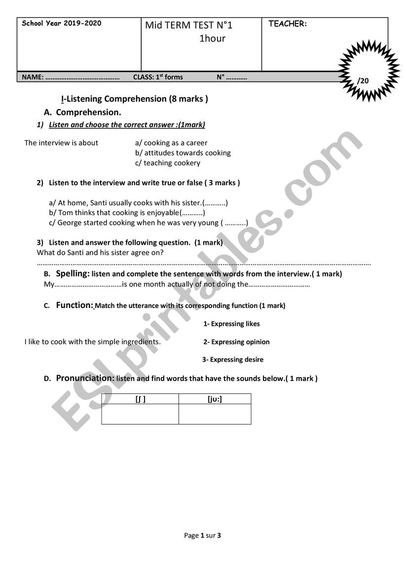 mid term test 1 ( first form) worksheet
