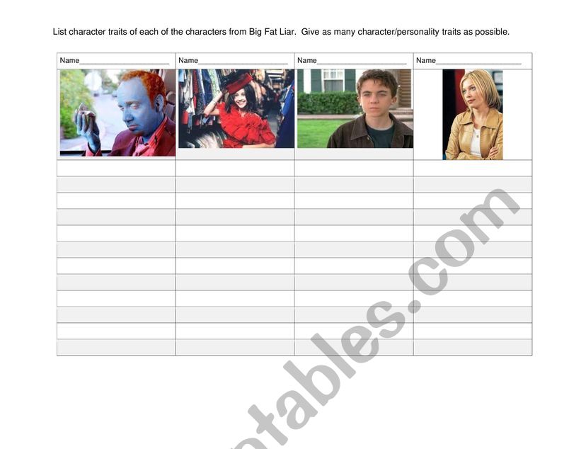 Big Fat Liar Character Traits worksheet