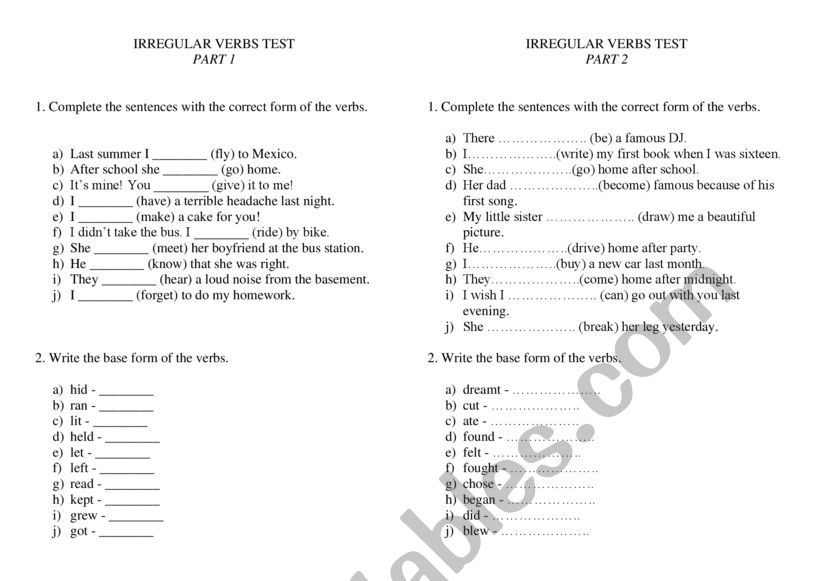 Irregular Verbs worksheet