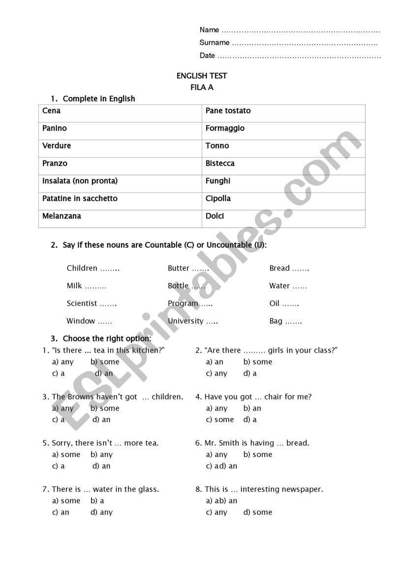 English test countables and uncountables