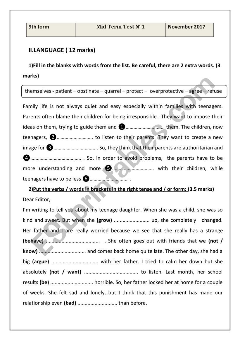 Mid term Test 1 language 9th Form