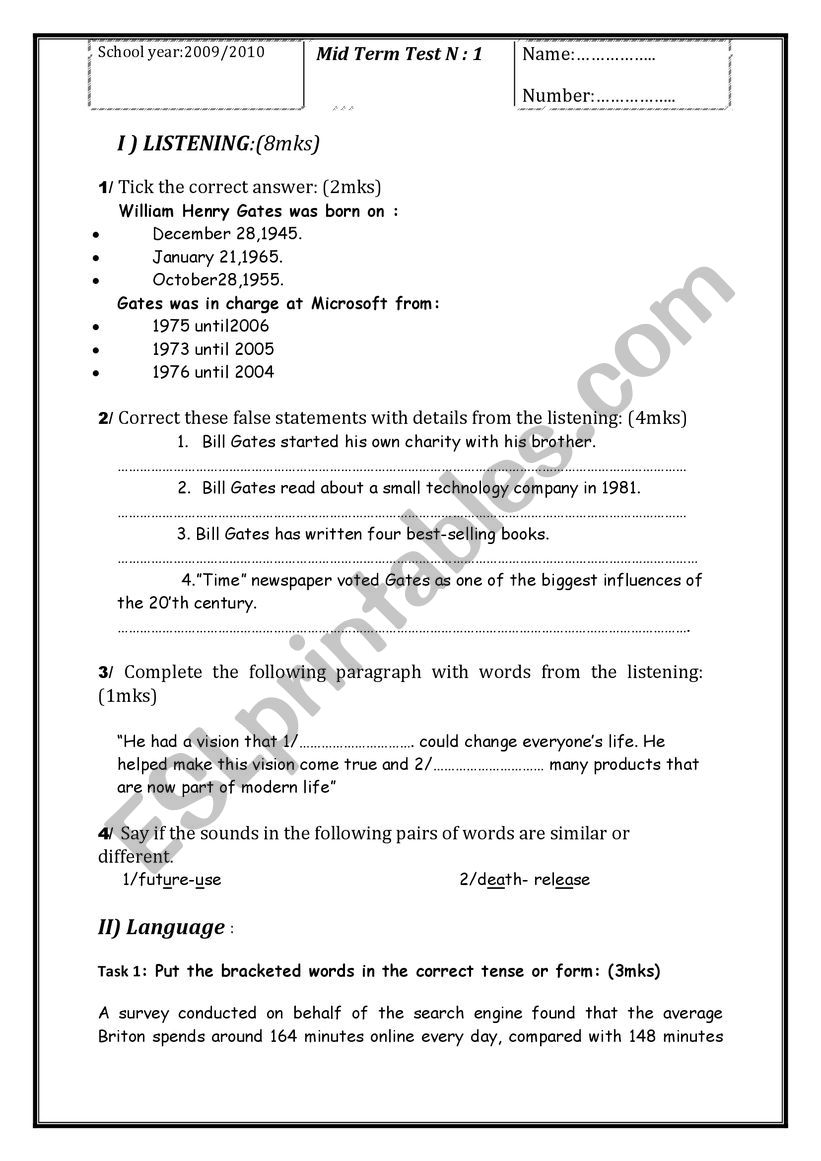 mid term test first year worksheet