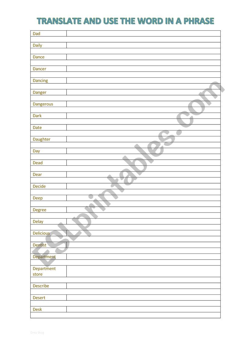A2 Vocabulary chart (D) worksheet