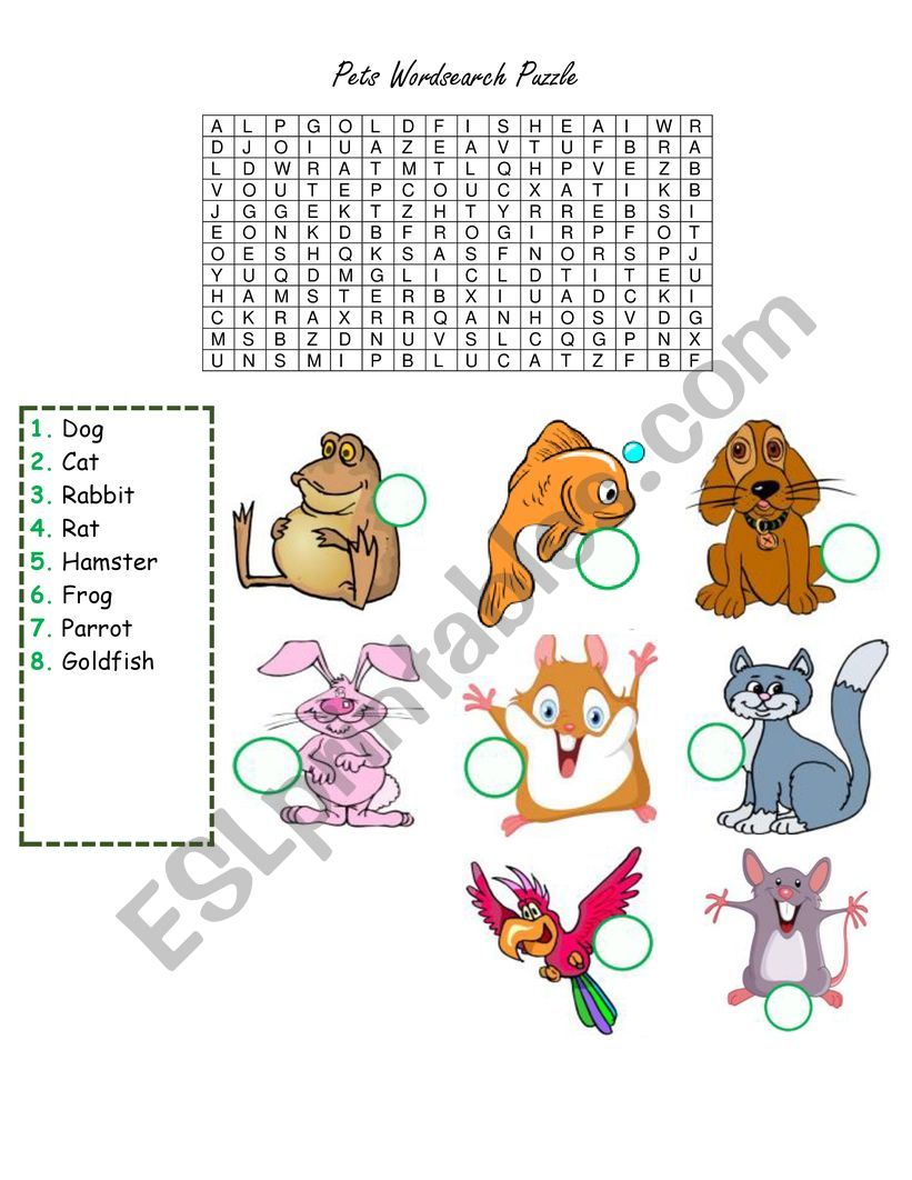 Pets wordsearch worksheet