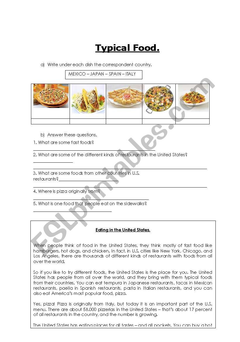 Typical Food worksheet