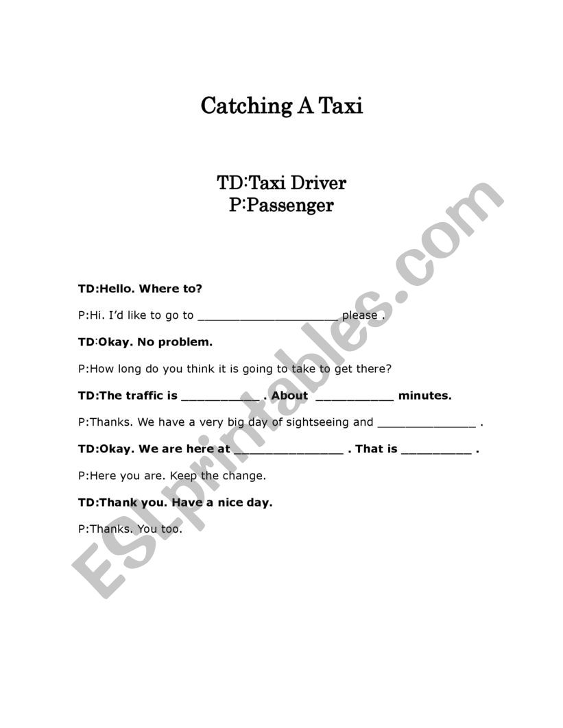 Catching A Taxi Role-Play Full Dialogue And Dialogue Boxes