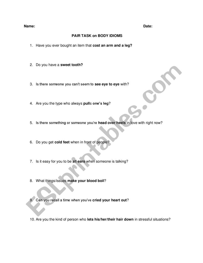 Body Idioms worksheet