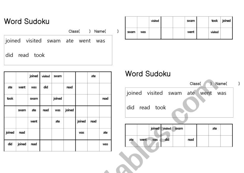  Verbs word Sudoku(puzzle) worksheet