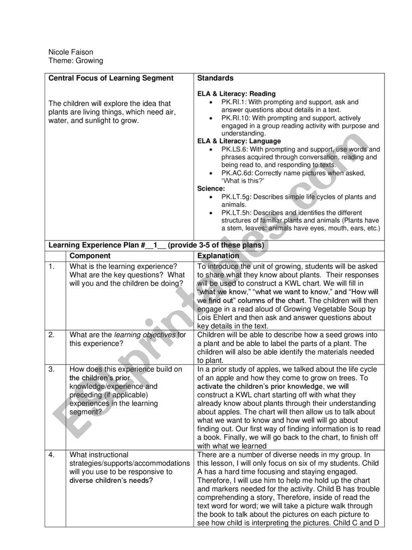 Growing Lesson Plan worksheet