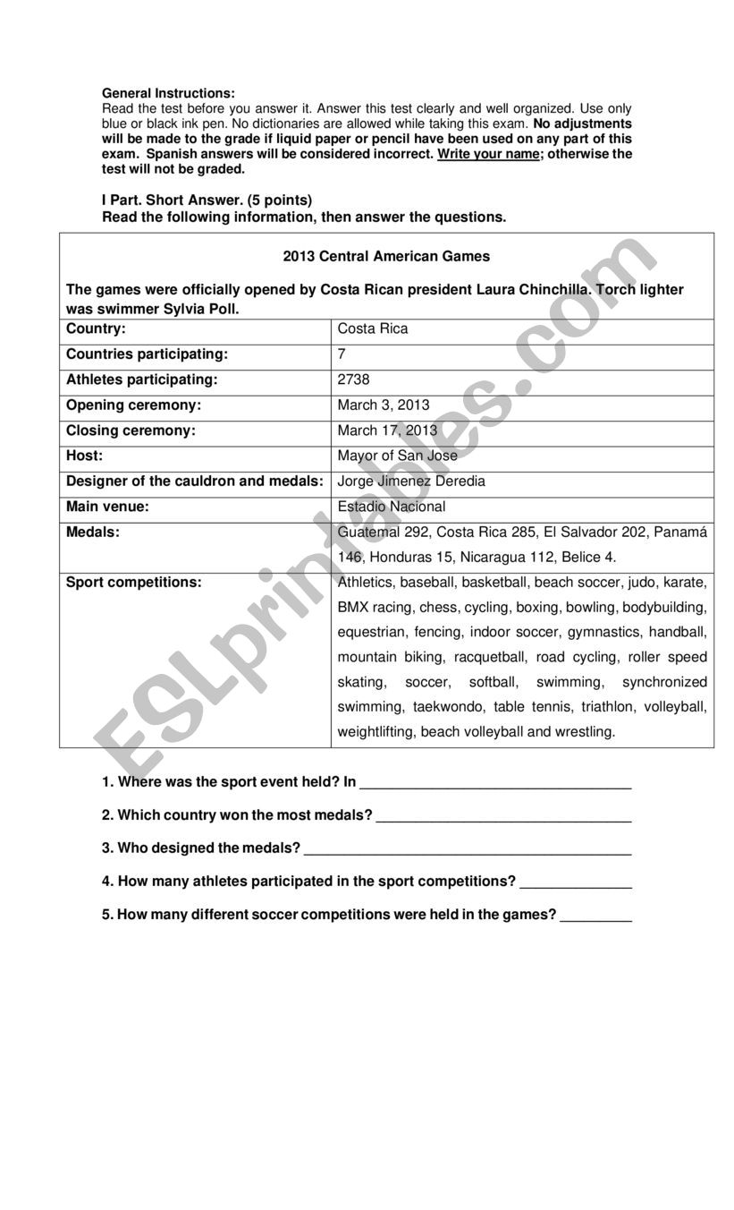 Costa Rican National athletes worksheet