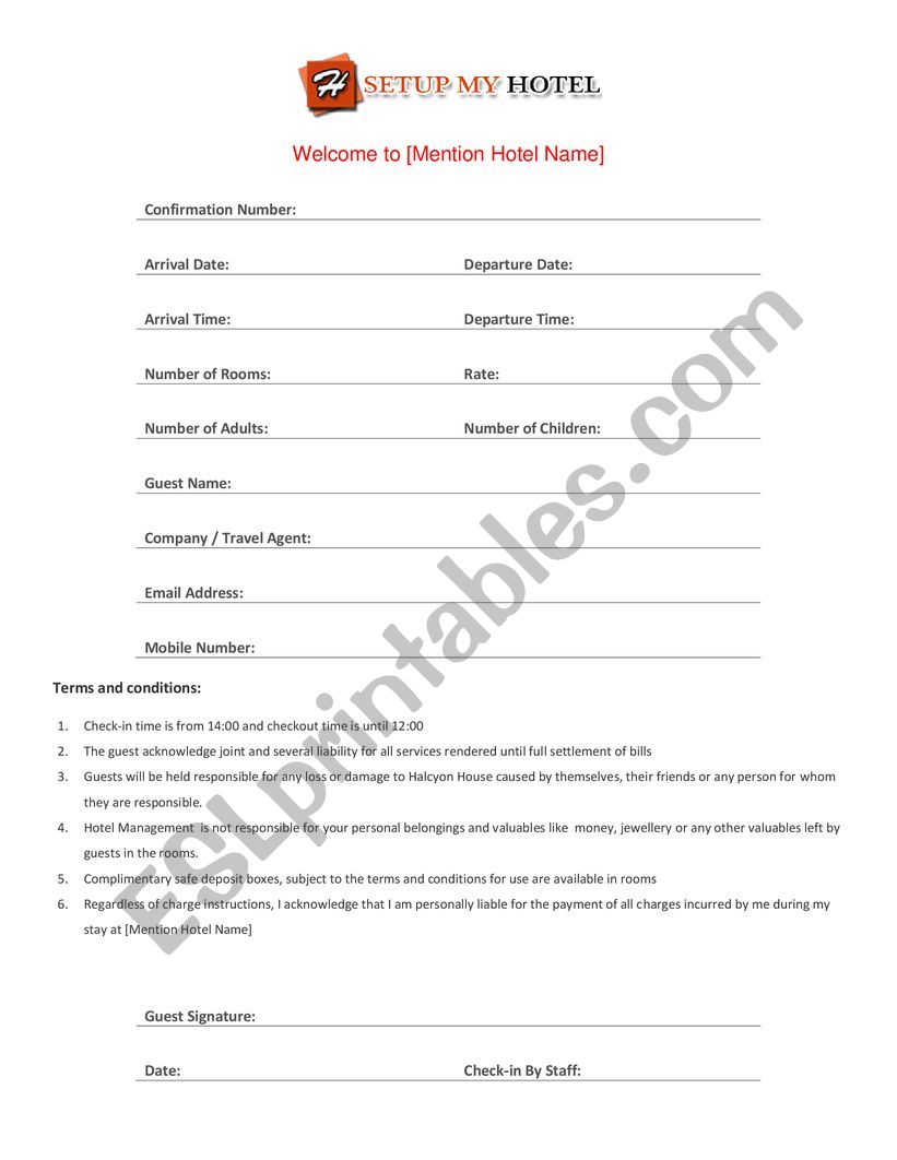 Hotel Check-in Form worksheet