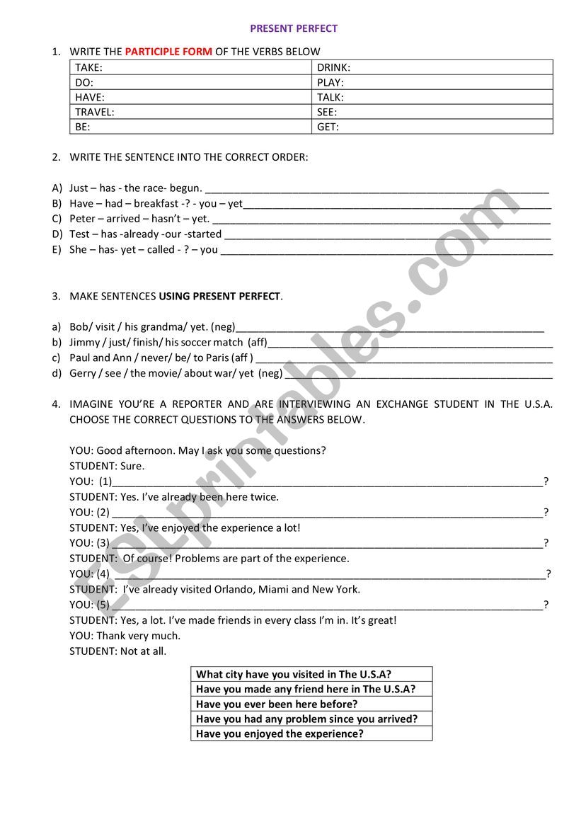 Present perfect all forms worksheet