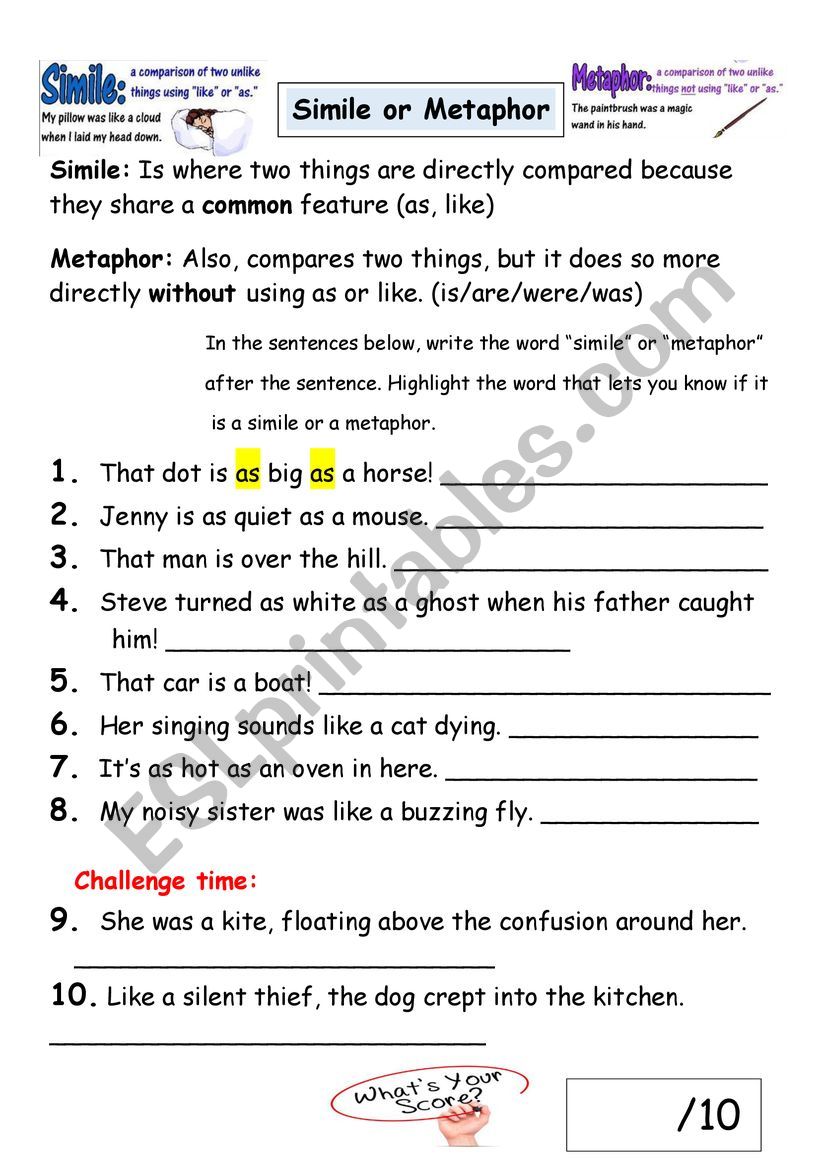 Similes Or Metaphor worksheet