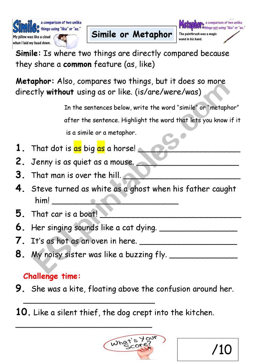 Similes Or Metaphor - ESL worksheet by ShaylaFenton Inside Similes And Metaphors Worksheet