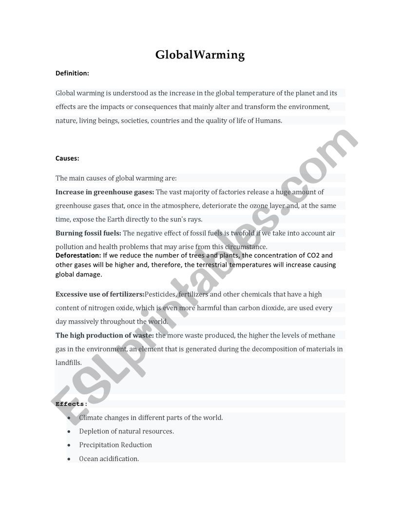 Global warming worksheet